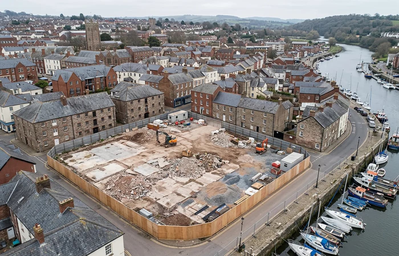 An aerial view of a South West town centre regeneration area, with cleared brownfield ground, retained older buildings and a quayside beyond